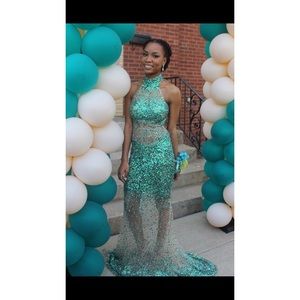 Nude and Turquoise Beaded Halter Dress